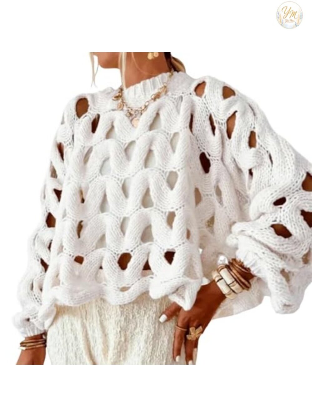 Women's Oversized Chunky Knit Crochet Hollow Out Pullover Sweater